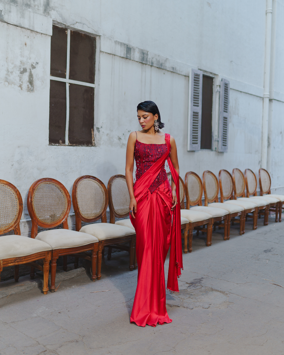 Aditi Gupta - Red Long Corset With Saree Set