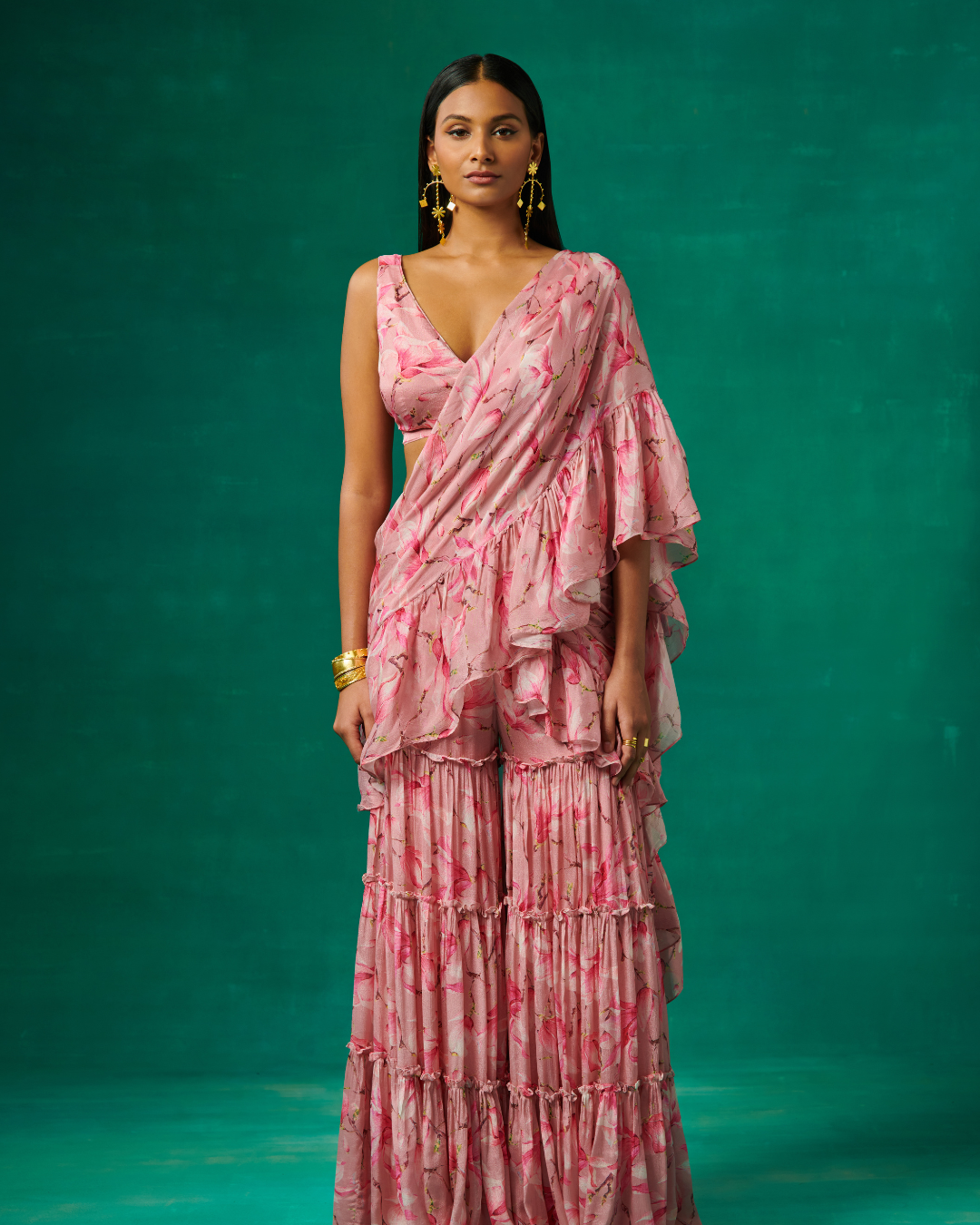 Sonali Bansal - Pink tulip printed garara with attached drape and plunge V neck blouse From Bageecha