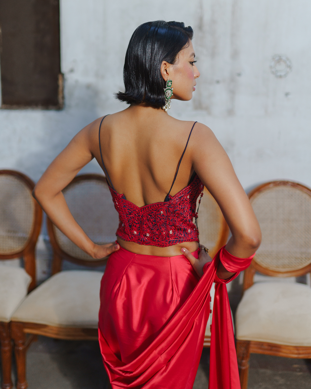 Aditi Gupta - Red Long Corset With Saree Set