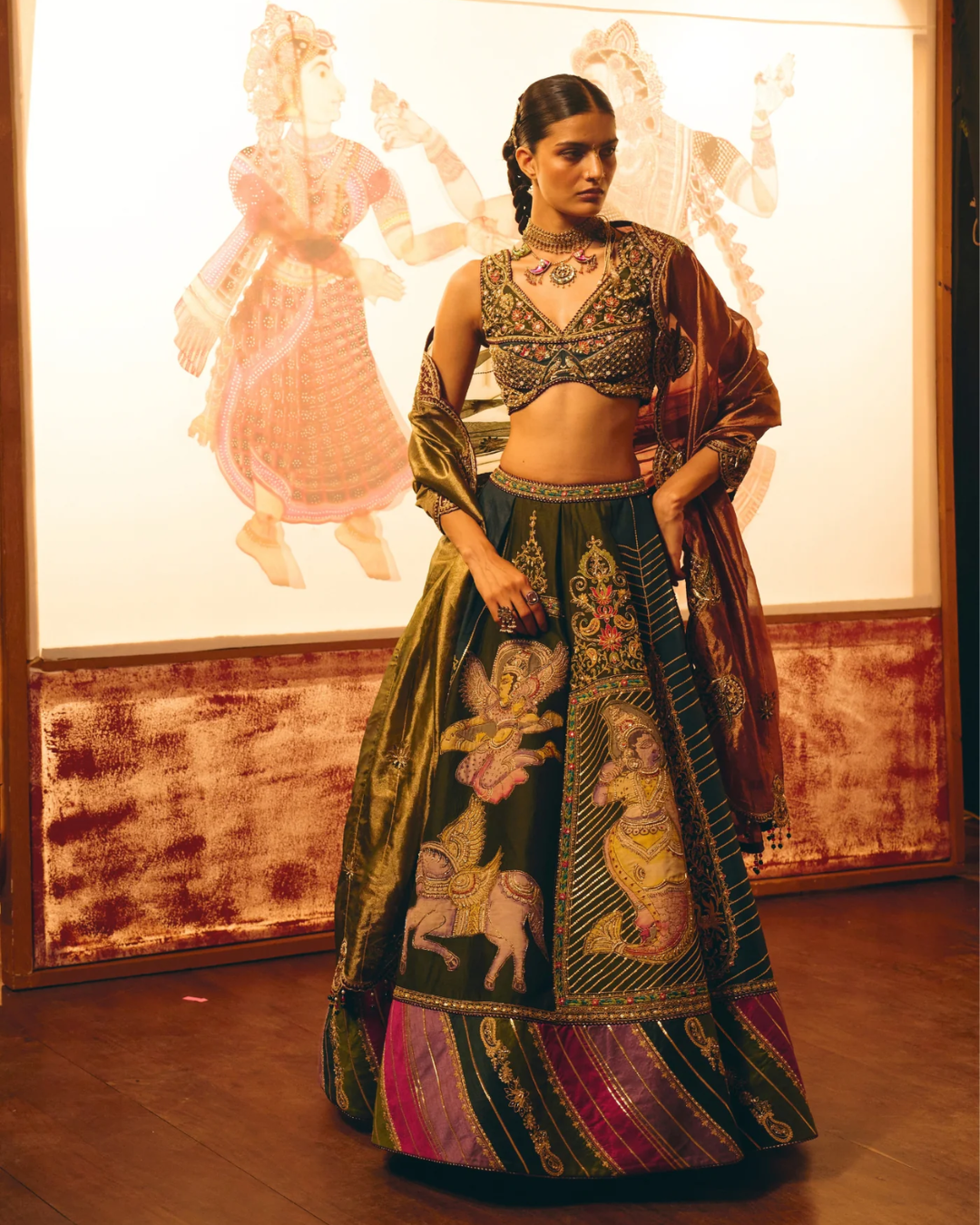Aditi Gupta - Divyakatha Teal Patch Work Lehenga With Tissue Duppata Set From Chitrakatha