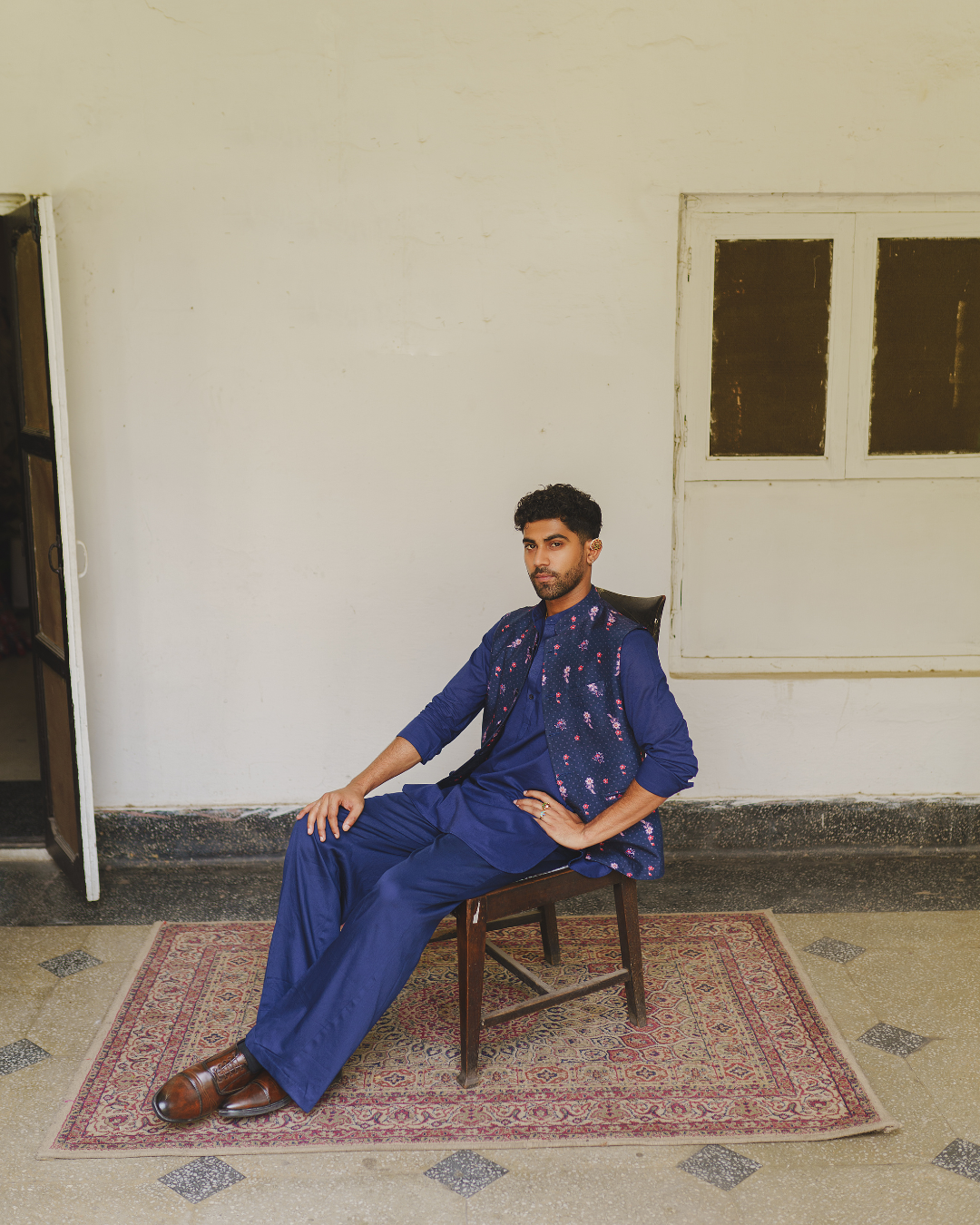 Aditi Gupta - Navy Blue Kurta Set With Nehru Jacket