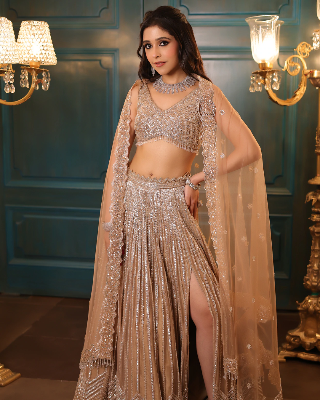 Isa by Dolly Wahal - Nude Net Sequins & Cutdana Embroidered Lehenga Set