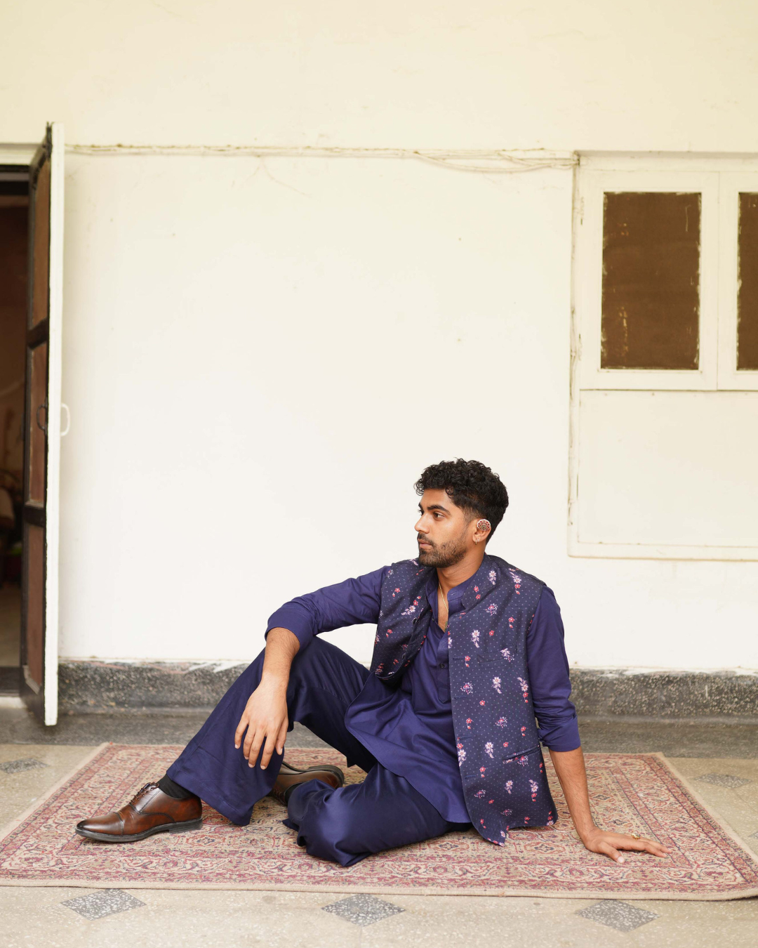Aditi Gupta - Navy Blue Kurta Set With Nehru Jacket