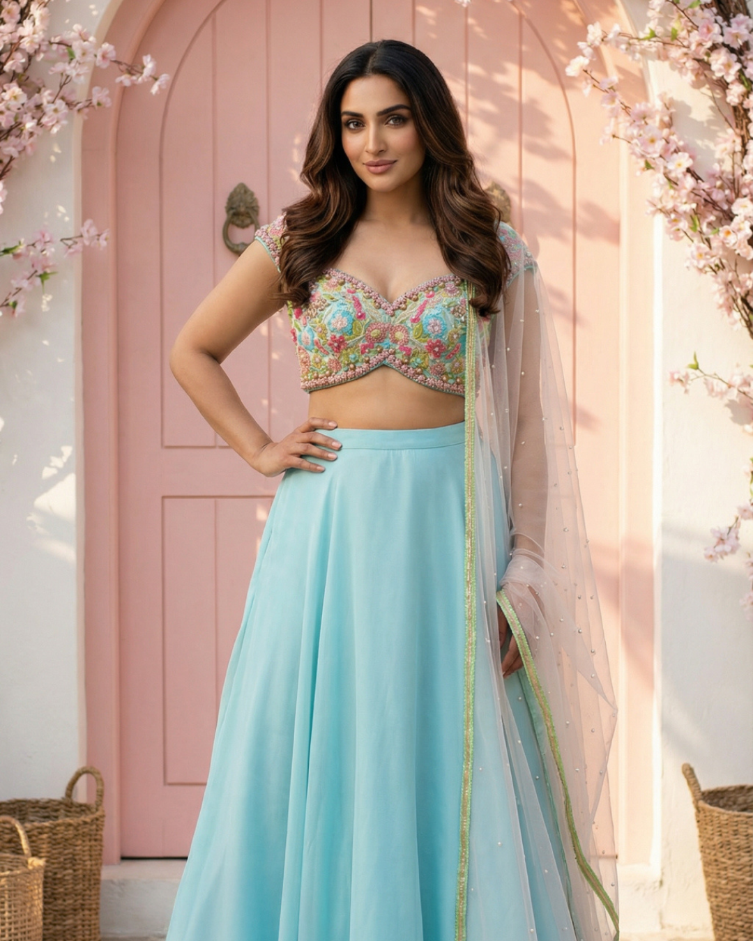 Anisha Shetty - Sky Blue Goergette Lehenga With Colored Emb Blouse And Pink Dupatta