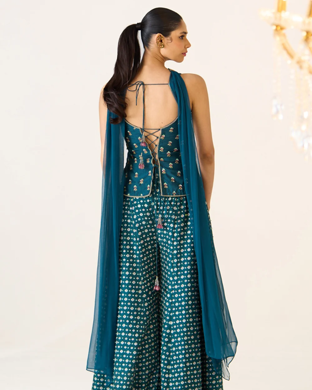 Prevasu - Teal Printed Divided Skirt Set From Gulabo