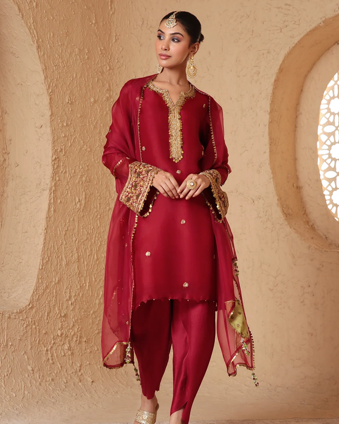 Niti Bothra - Zar-Rang Maroon Short Kurta Set