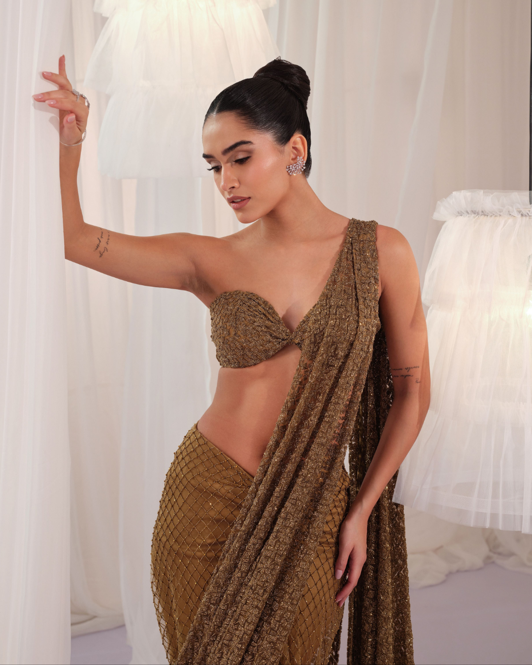 K&A By Karishma And Ashita - Olive Gold Draped Saree With Blouse From First Love