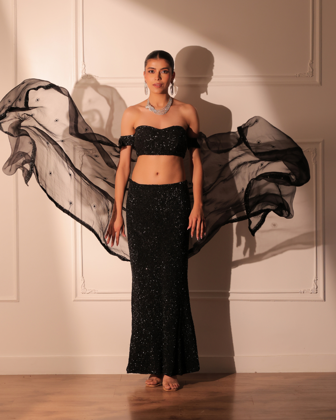 Sonali Bansal - Black cocktail bustier and slit skirt with dupatta From Banno Ki Saheli