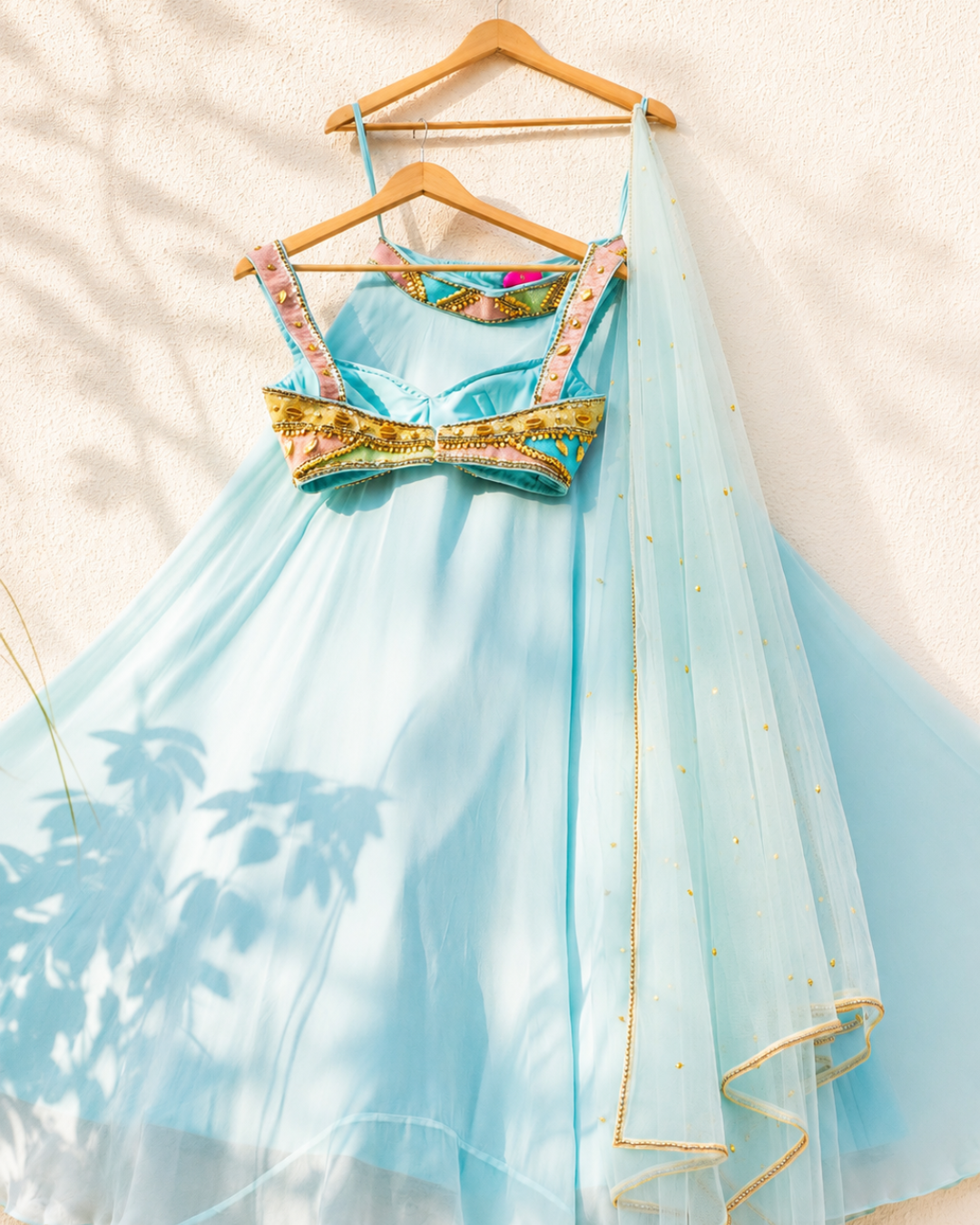 Anisha Shetty - Sky Blue Lehenga With Multicolour Cutdana Blouse