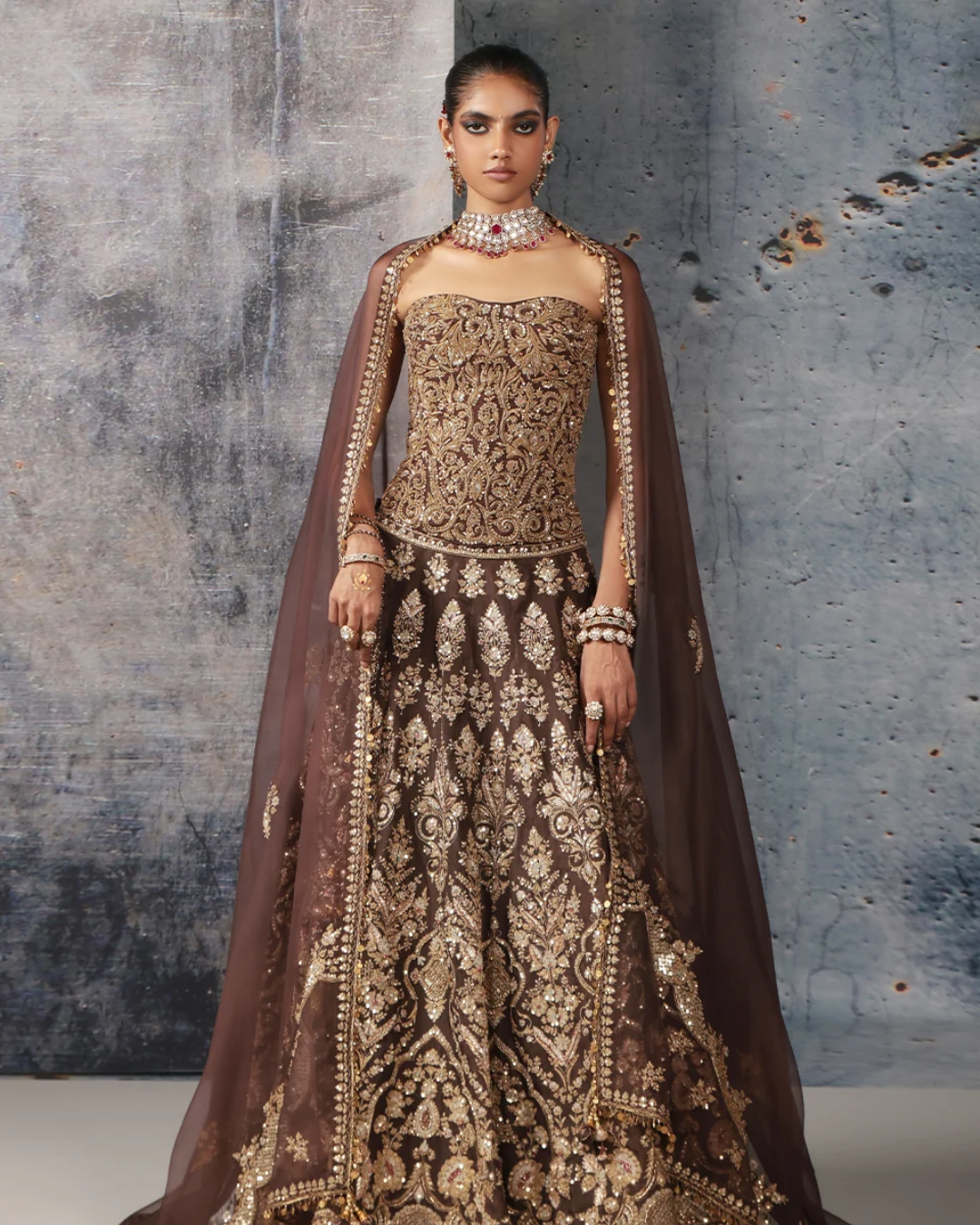 Niti Bothra - Zar-Rang Brown Corset Lehenga Set