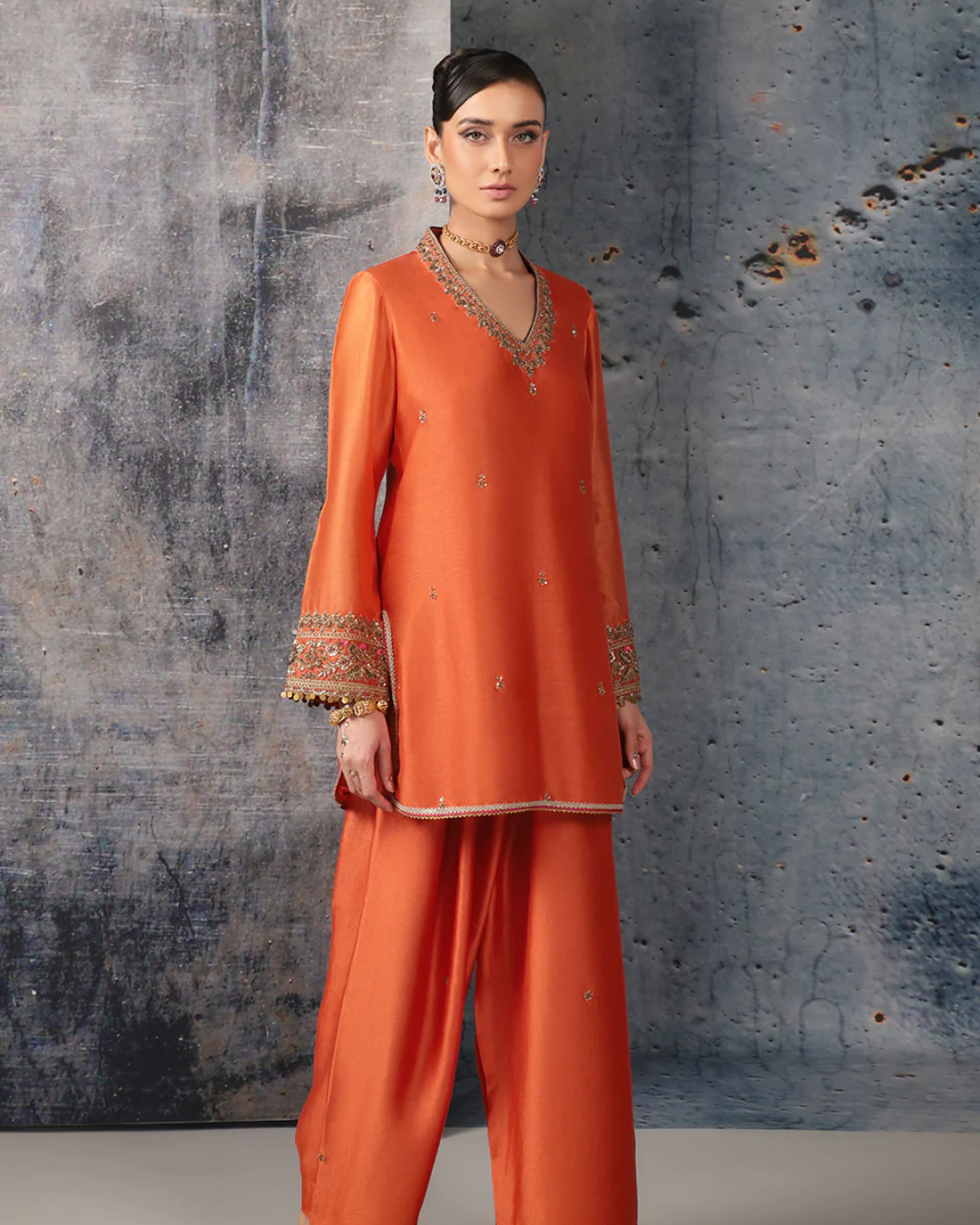 Niti Bothra - Mehrang Orange V Neck Short Kurta Set