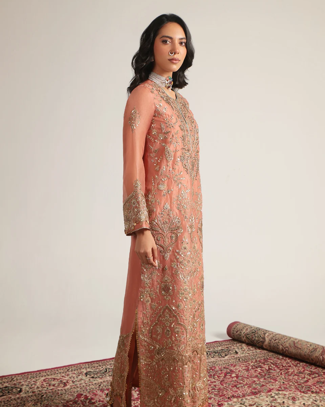 Niti Bothra - Zar-Rang Peach Heavy Jaal Kaftan Set