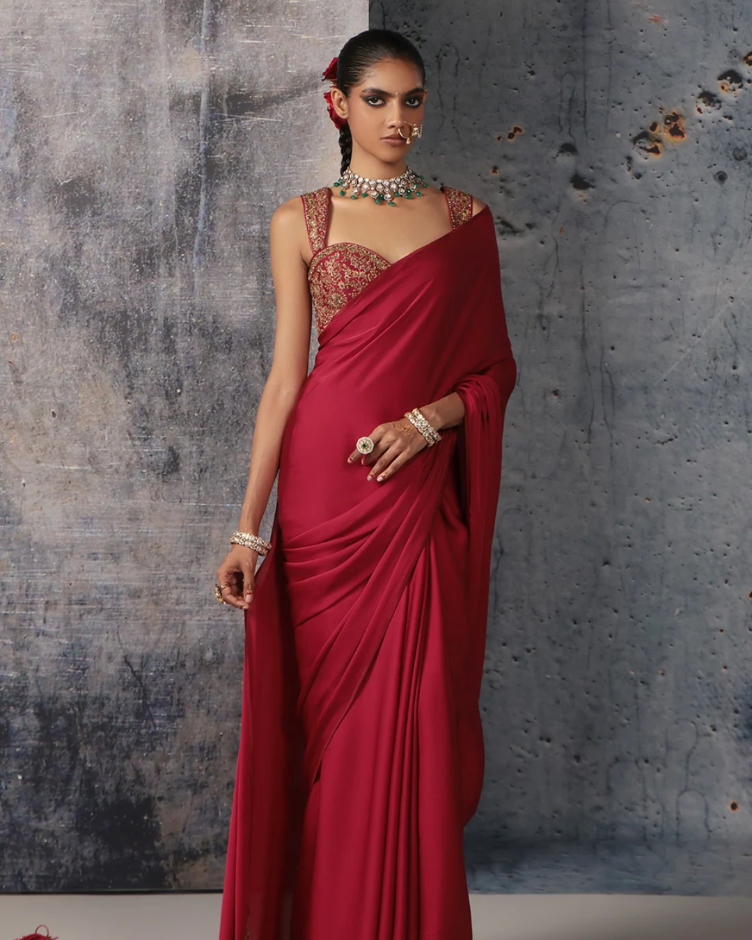 Niti Bothra - Zar-Rang Maroon Heavy Fringe Saree Set