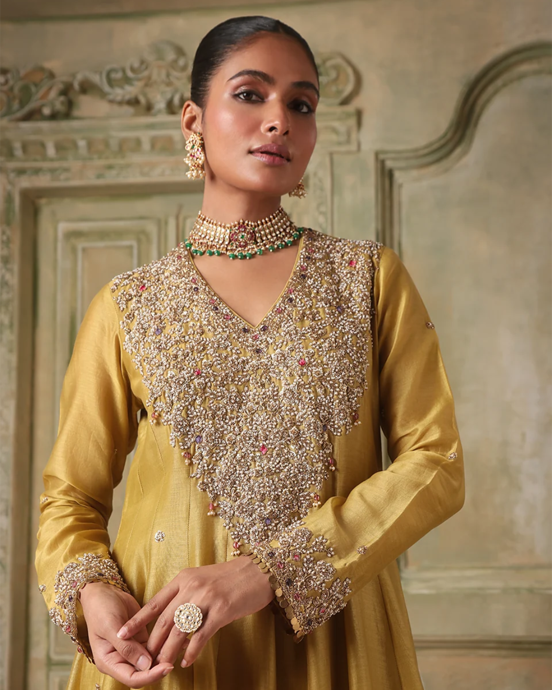 Niti Bothra - Zar-Rang Green V Neck Kalidar Set