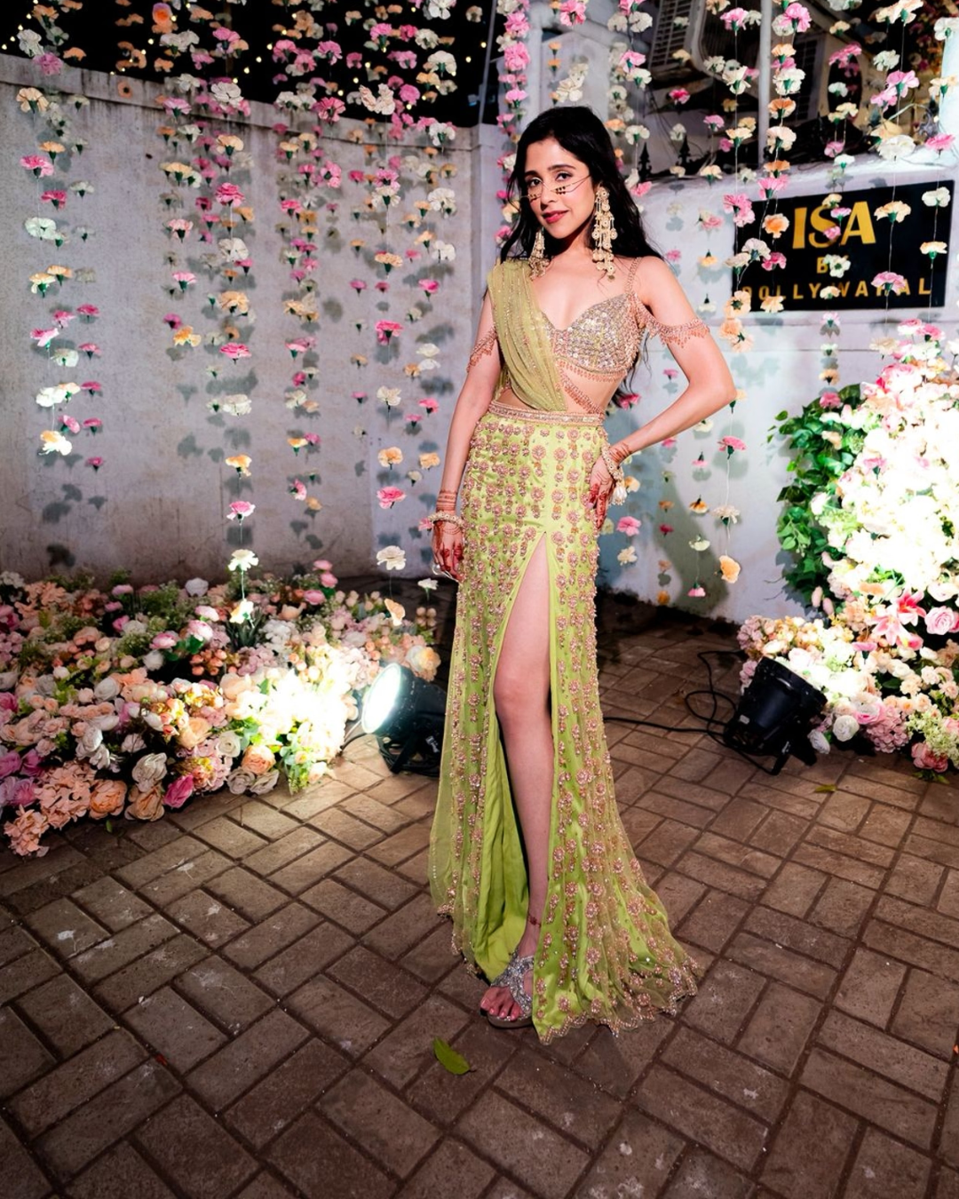 Isa by Dolly Wahal - Lime Green Slit Saree From Ittara