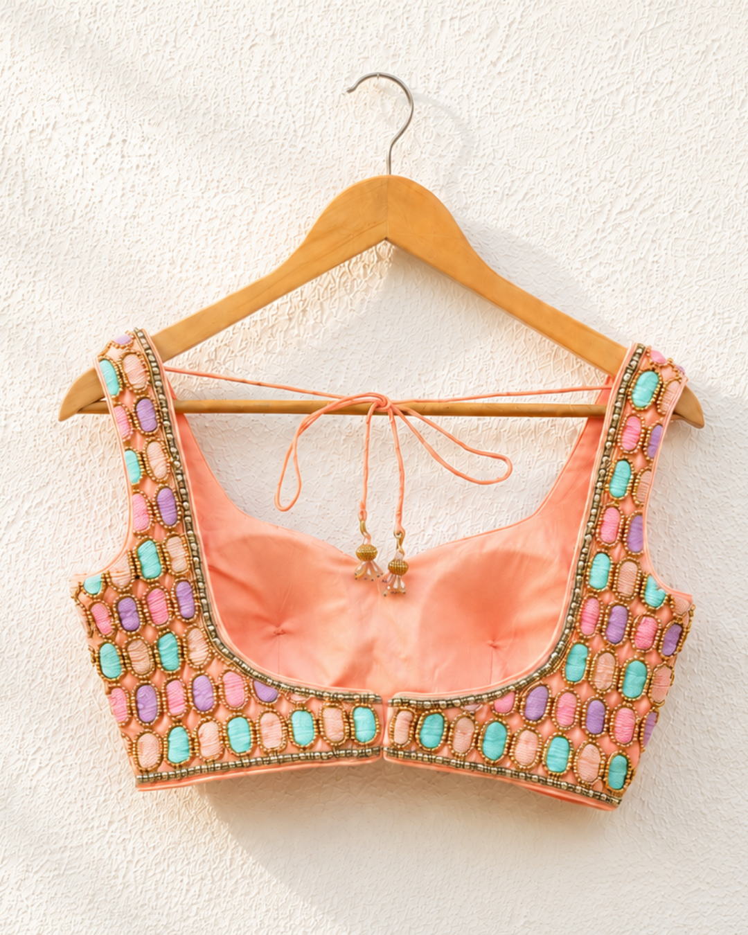 Anisha Shetty - Peach Oval Multicolour Cutdana Blouse With Multicolour Lehenga Set