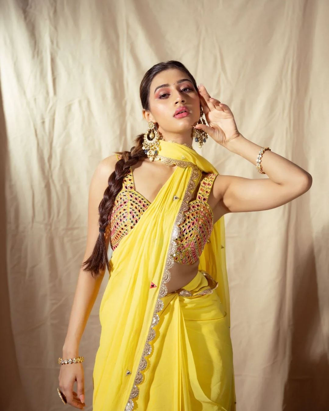 Anisha Shetty - Yellow Prestitched Saree From Rangin