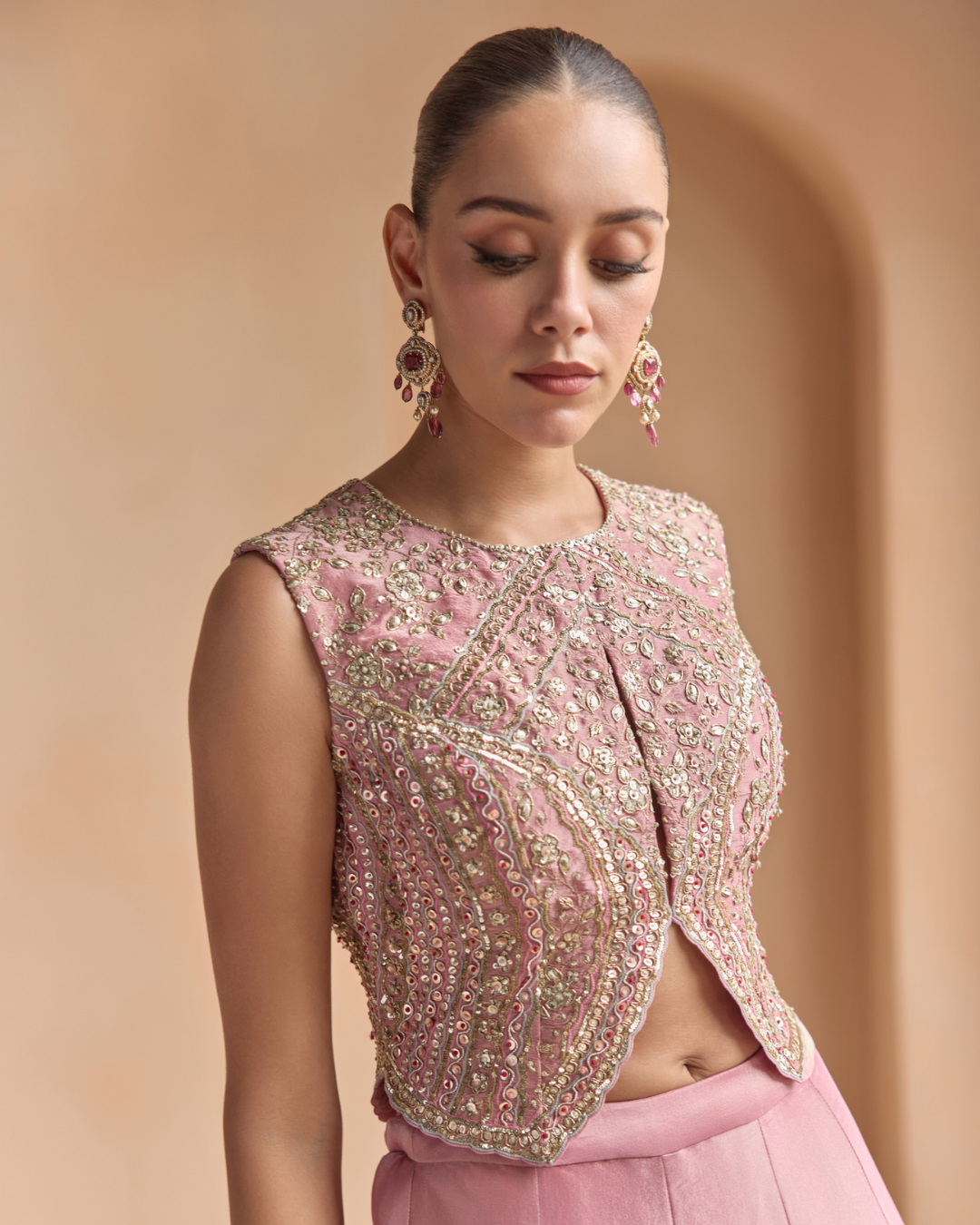 Osaa By Adarsh - Soft Berry Embroidered Tissue Lehenga Set From Off The Record