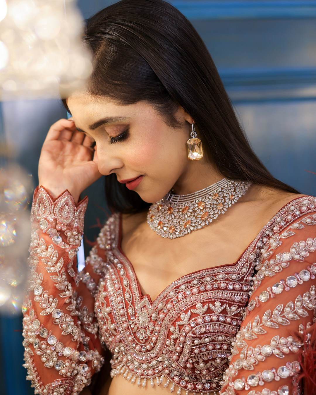 Isa by Dolly Wahal - Peachy Brown Net Cutdana Embroidered Lehenga Set