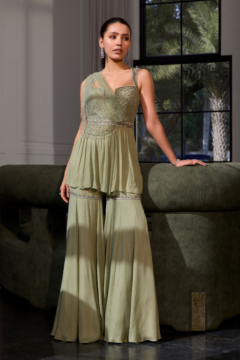 Sanya Gulati - Sage Green Peplum With Drape Set from Kia & Kyara