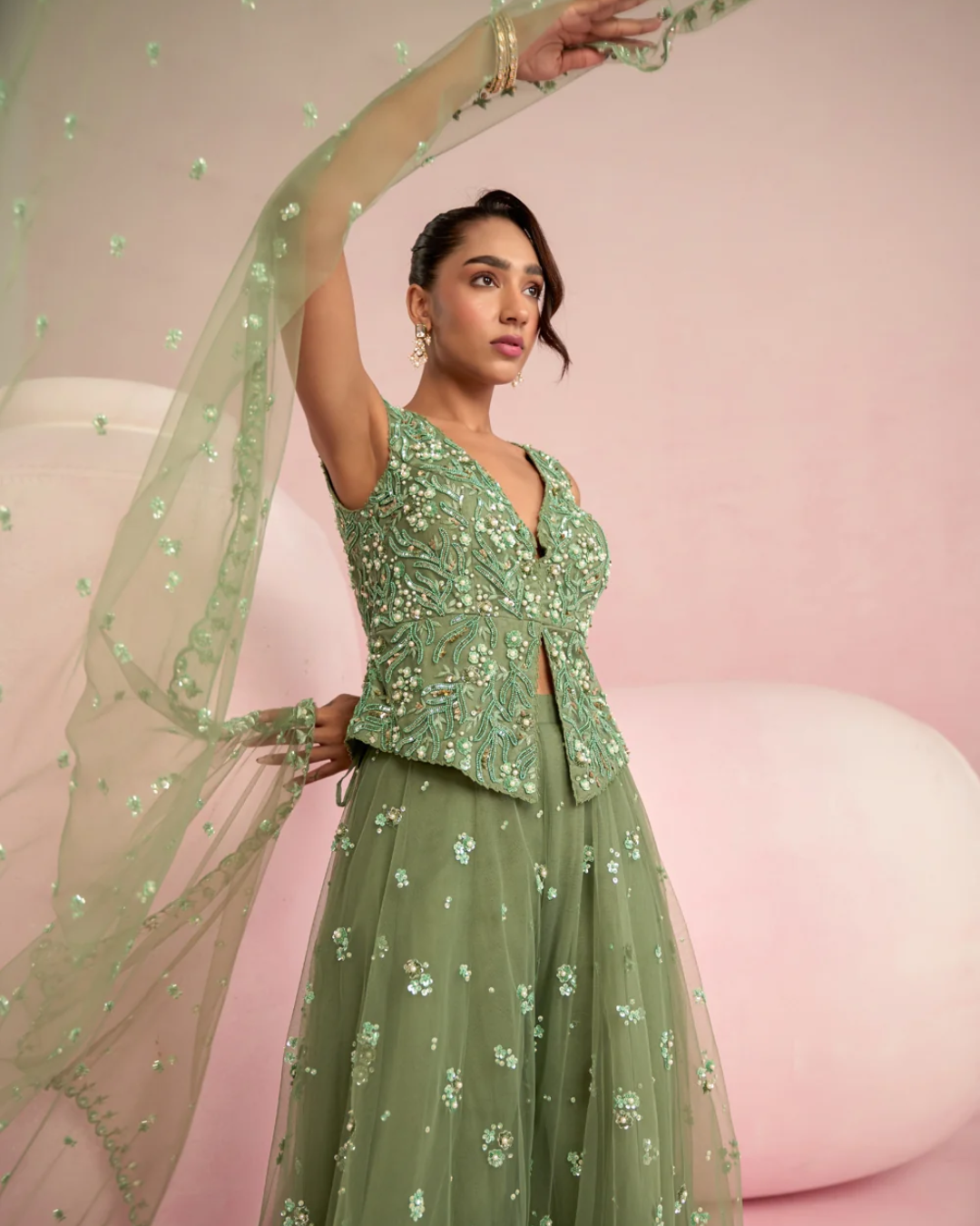 Prevasu - Sage Green Sharara Set From Solene