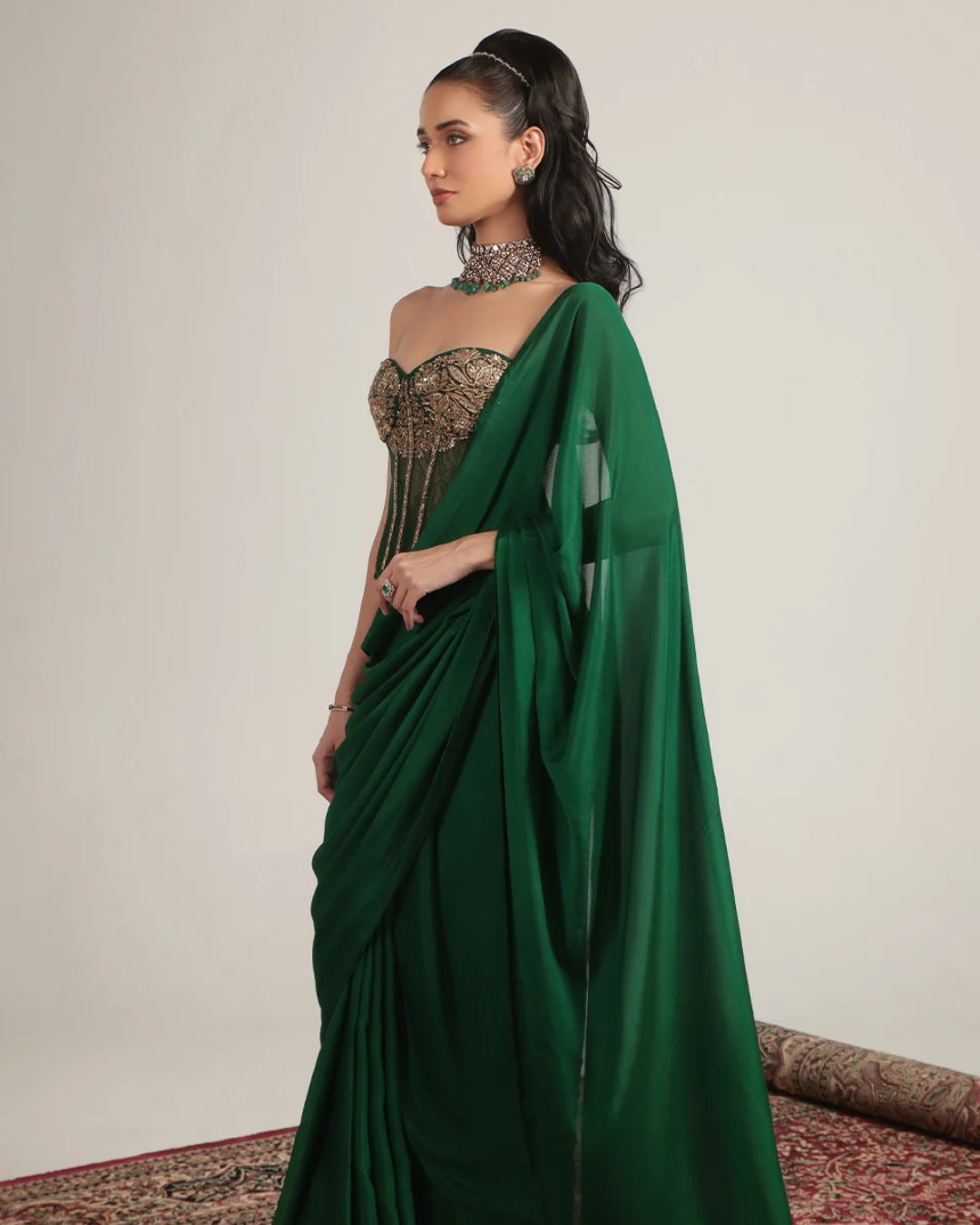 Niti Bothra - Zar- Rang Green Zardosi Corset Saree Set