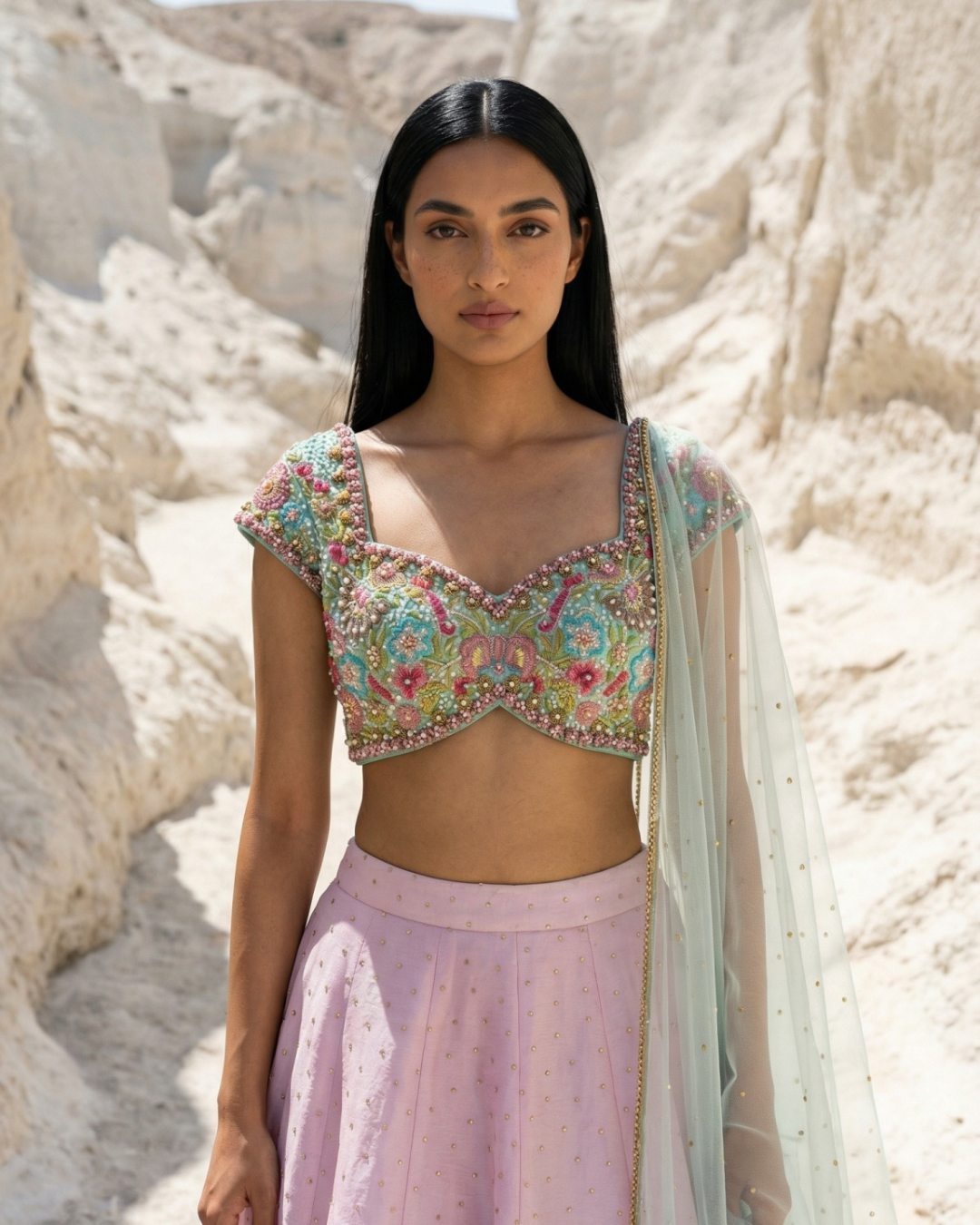Anisha Shetty - Pink Stonework Lehenga With Sky Blue Embroidered Blouse With Pink Dupatta