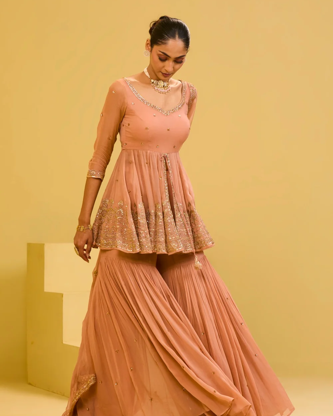 Esha Koul - Peach Front Cut Peplum Set From Naaz
