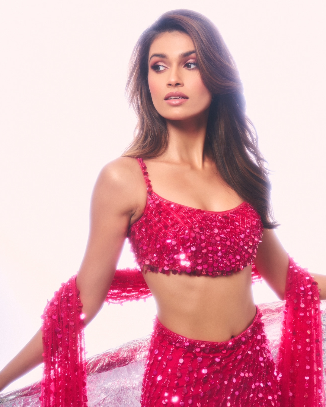 Isa by Dolly Wahal - Hot Pink Sequin Saree From Fiori