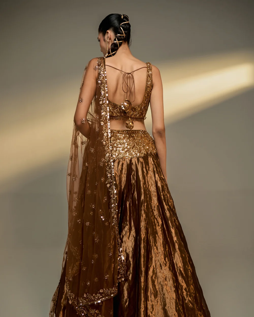 Prevasu - Copper Gold Embroidered Lehenga Set From The Mocha Edit