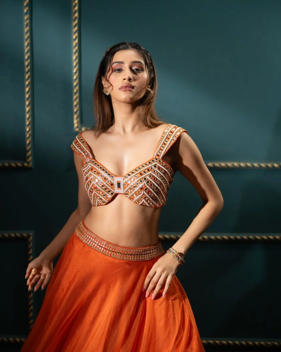 Anisha Shetty - Tangelo Organza Lehenga Set From Rangin