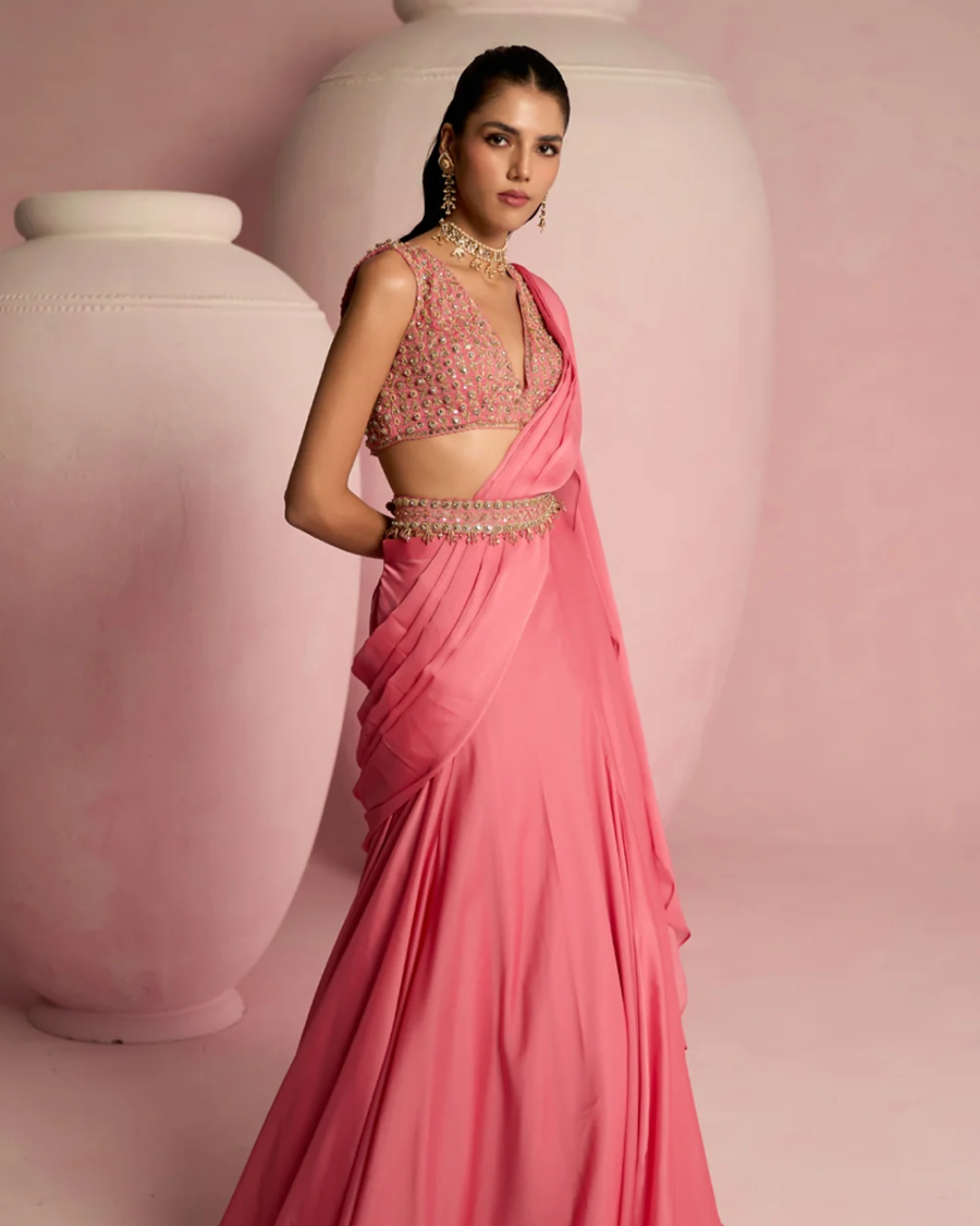 Prevasu - Pop Pink Lehenga Saree From Solene