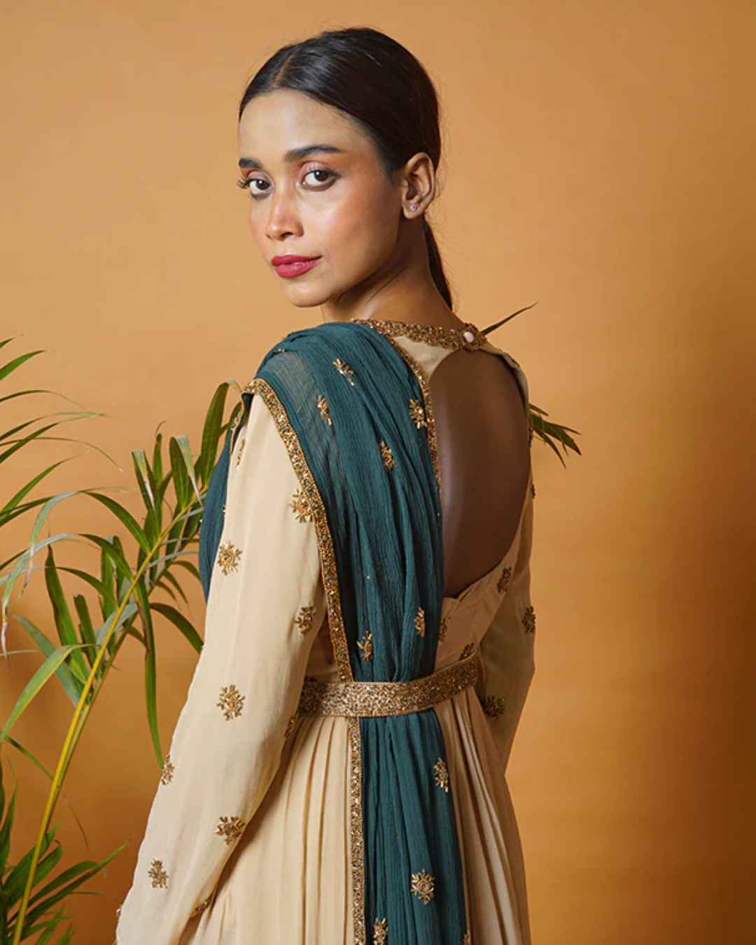 Sonali Bansal - Beige anarkali suit and waistbelt with green dupatta From Fiza
