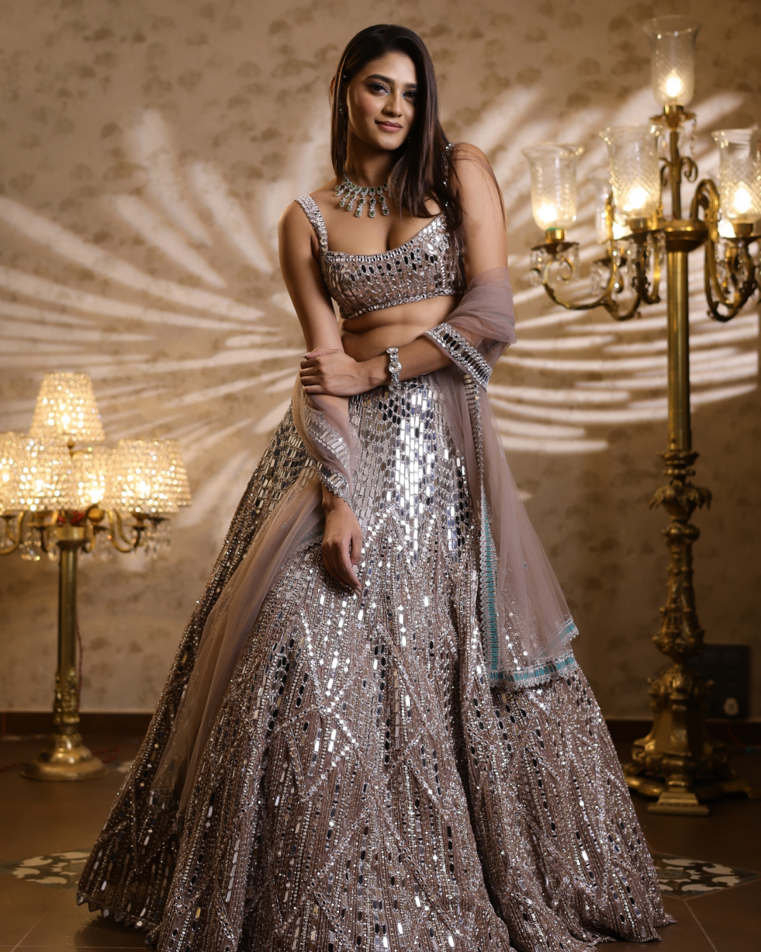 Isa by Dolly Wahal - Champagne Mirror Lehenga From Fiori