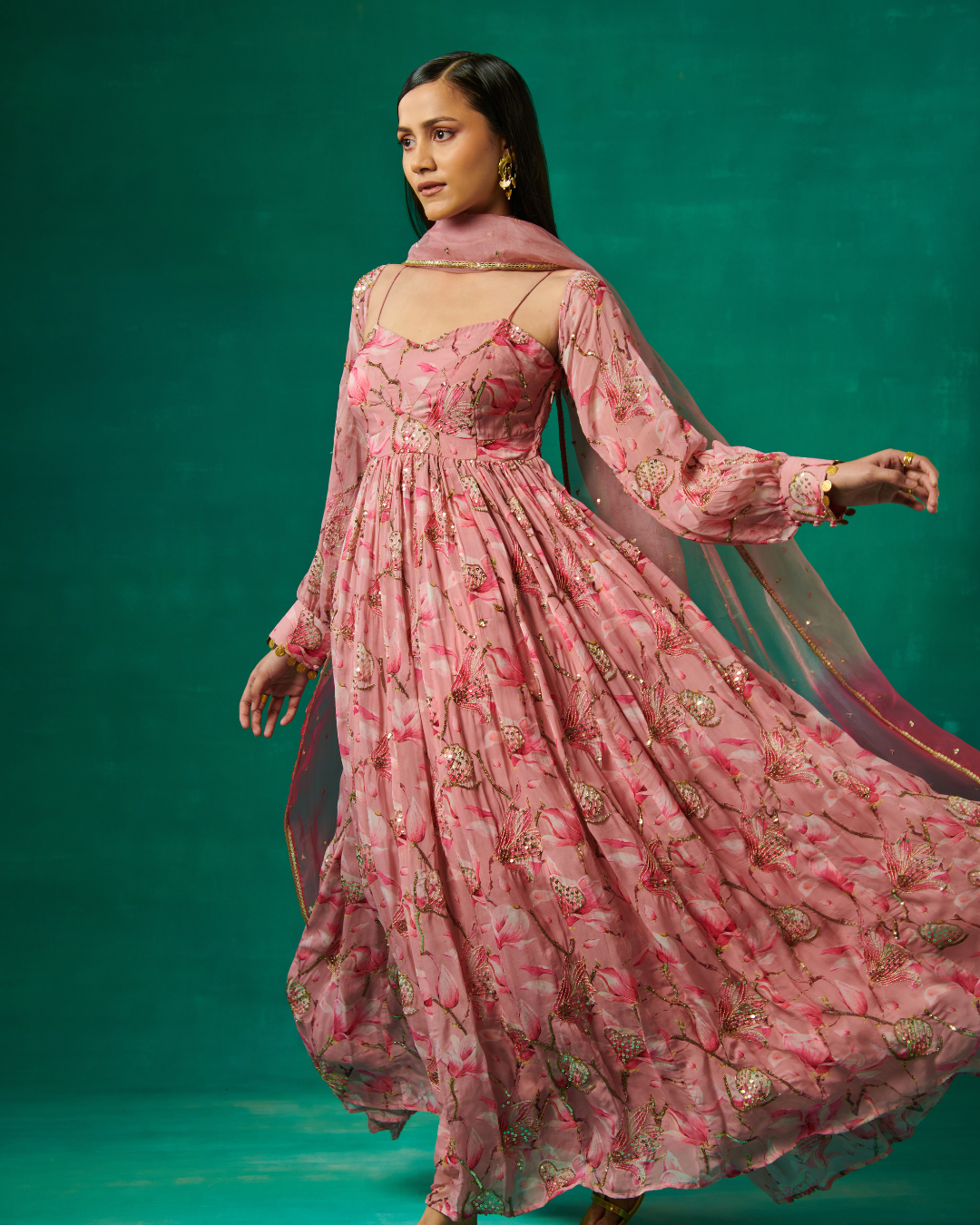 Sonali Bansal - Pink floral print anarkali and dupatta From Bageecha