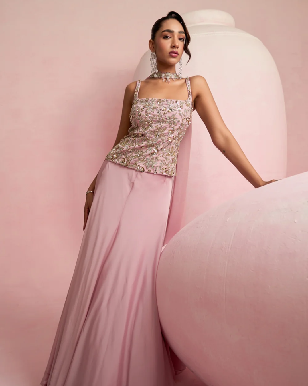 Prevasu - Soft Pink Corset Top & Skirt Set From Solene