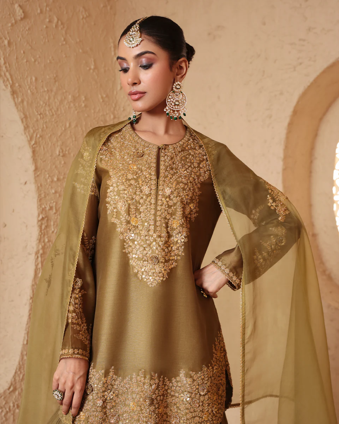 Niti Bothra - Mehrang Olive Green Heavy Sharara Set