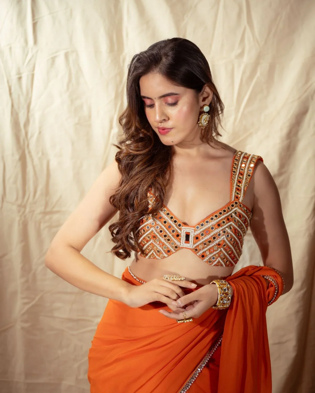 Anisha Shetty - Orange Prestitched Saree From Rangin