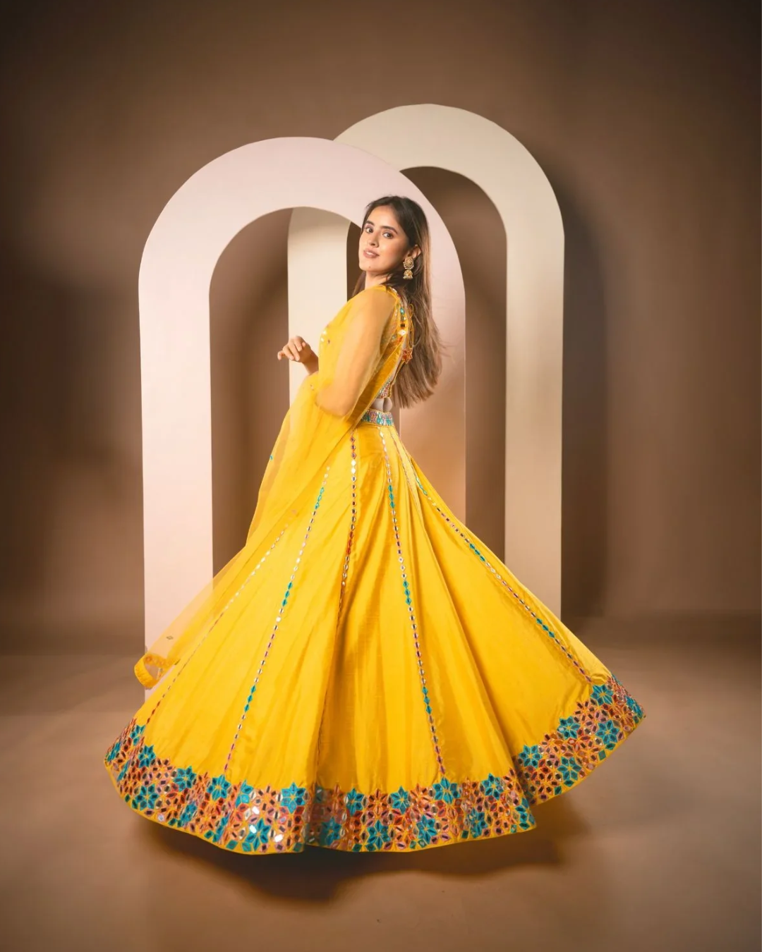 Anisha Shetty - Sunshine Yellow Multicolor Thread & Mirrorwork Lehenga Set From Rangin