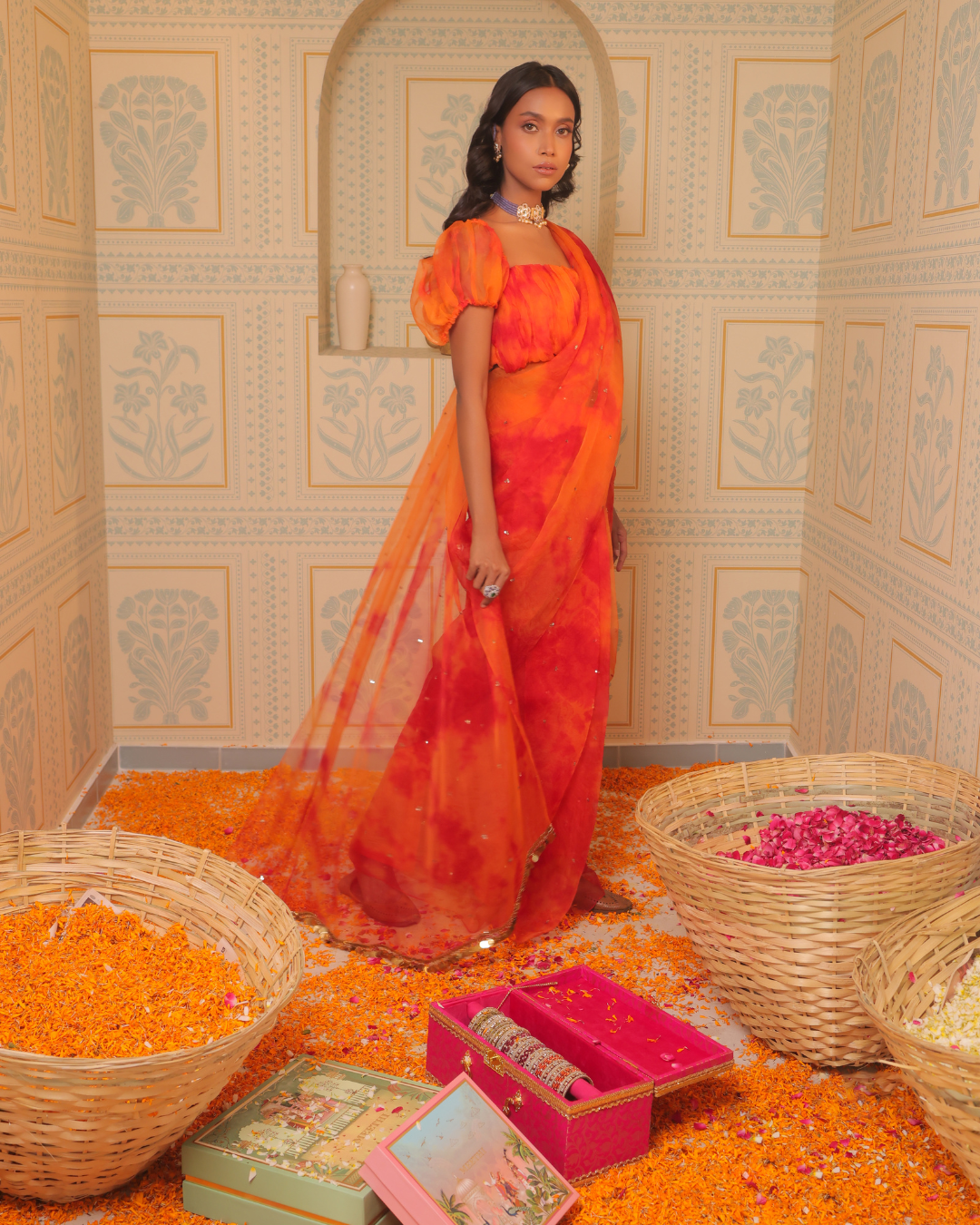 Sonali Bansal - Orange tiedye drape saree with blouse From Banno Ki Saheli