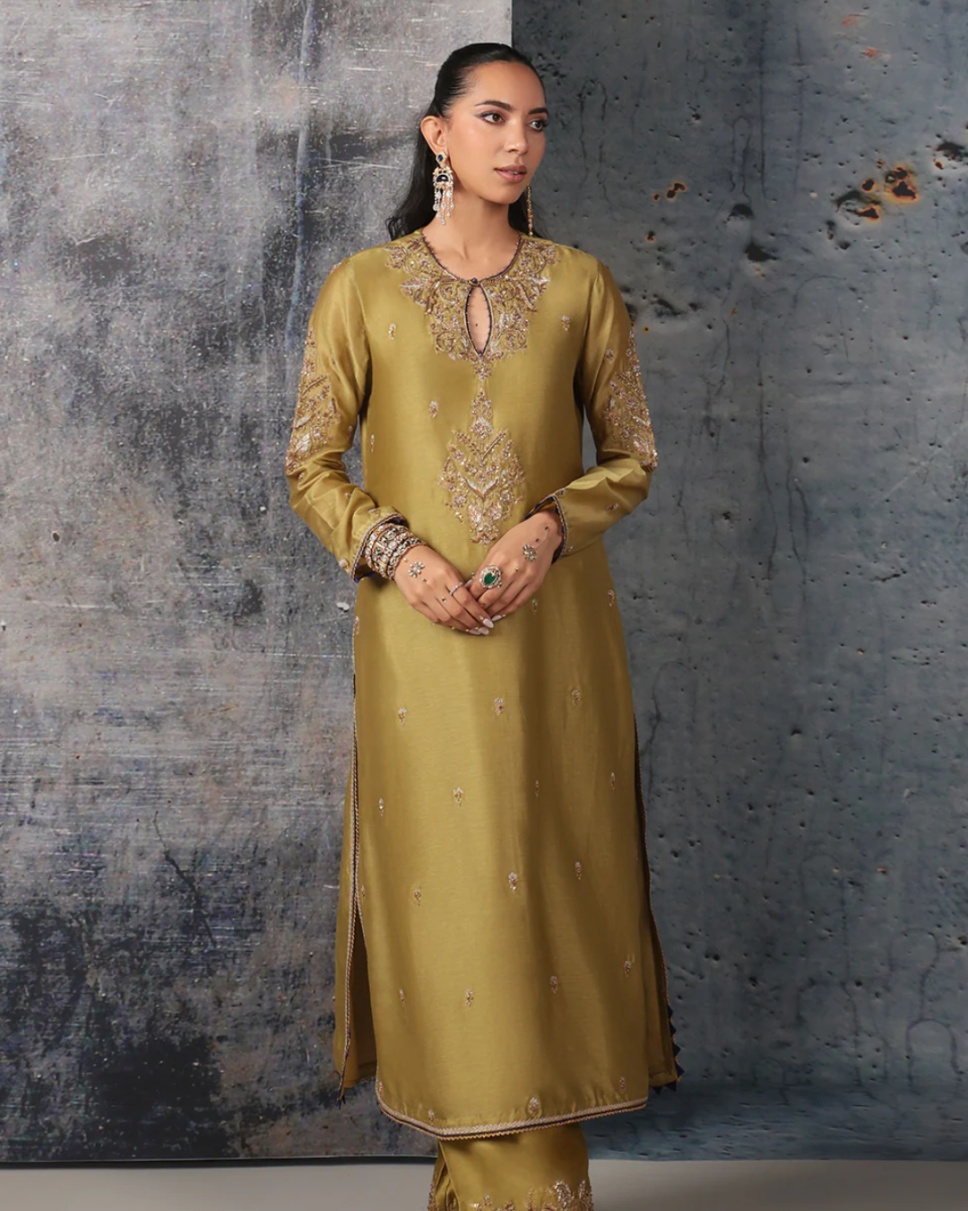 Niti Bothra - Mehrang Olive Green Straight Long Kurta Set