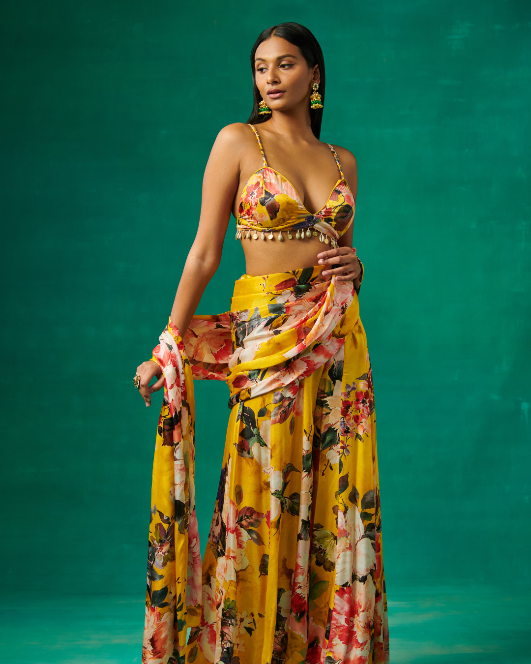 Sonali Bansal - Surajmukhi Yellow floral print blouse with flared sharara and drape attached to it From Bageecha