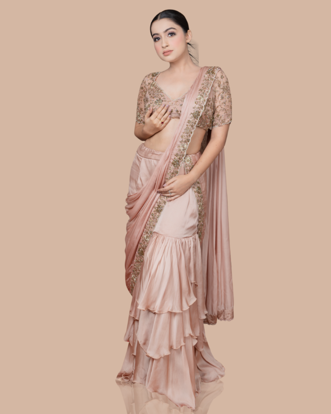 Sonali Bansal - Golden skirt saree with hand embroidered blouse and drape From Wedding Capsule