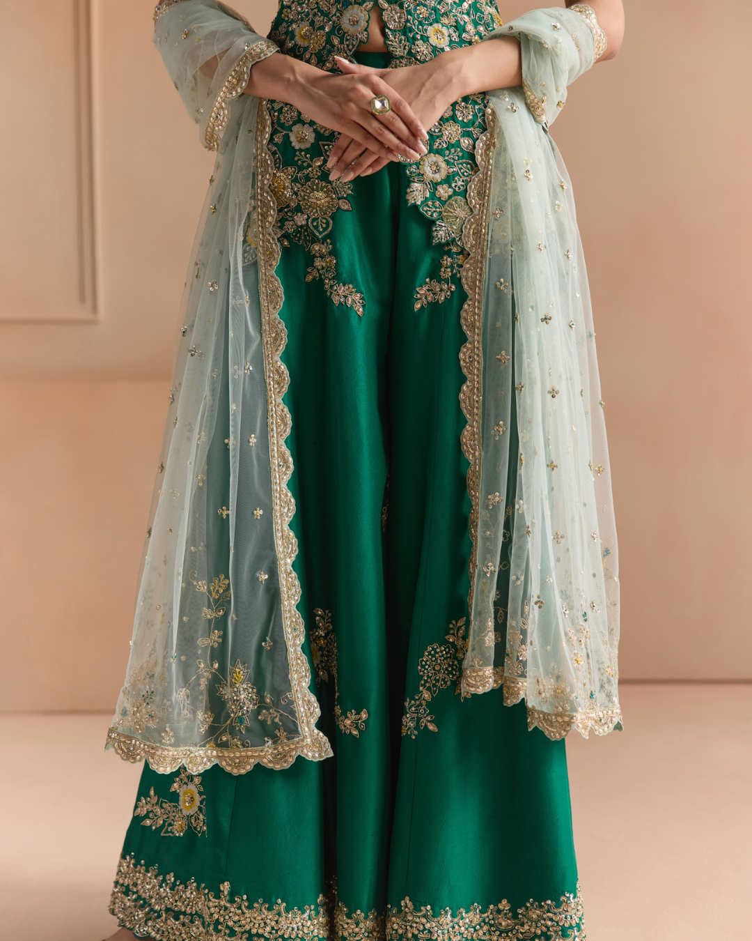 Osaa By Adarsh - Jewel Green Embroidered Peplum Garara Set From Off The Record