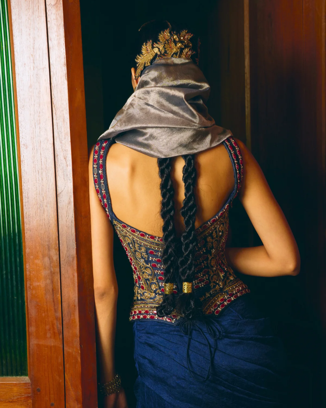 Aditi Gupta - Manikari Navy Blue Corset With Drape From Chitrakatha