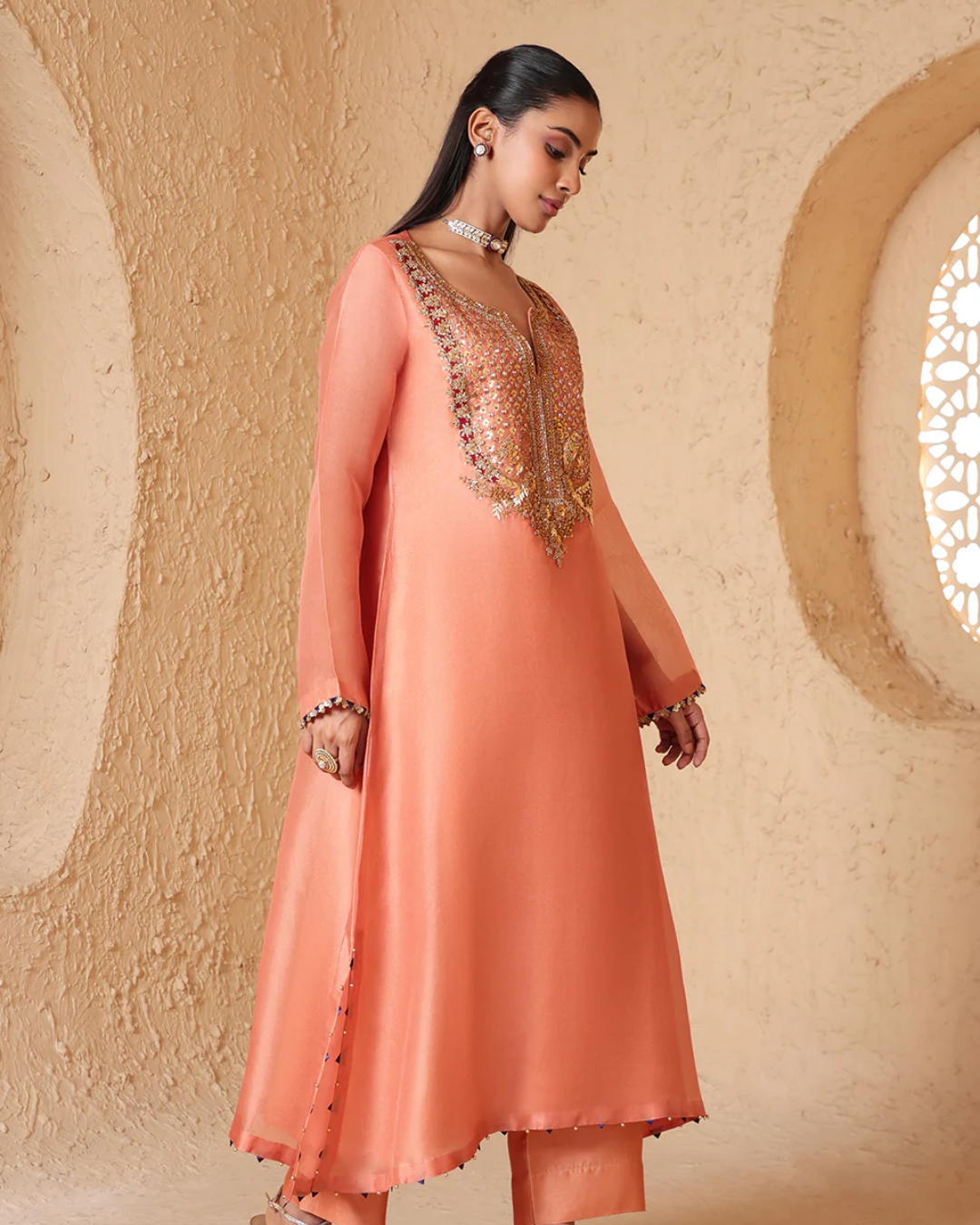 Niti Bothra - Mehrang Peach Heavy Neck Kurta Set