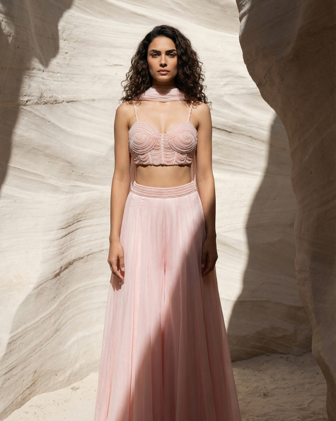 Anisha Shetty - Baby Pink Pearl And Cutdana Blouse With Goergette Sharara