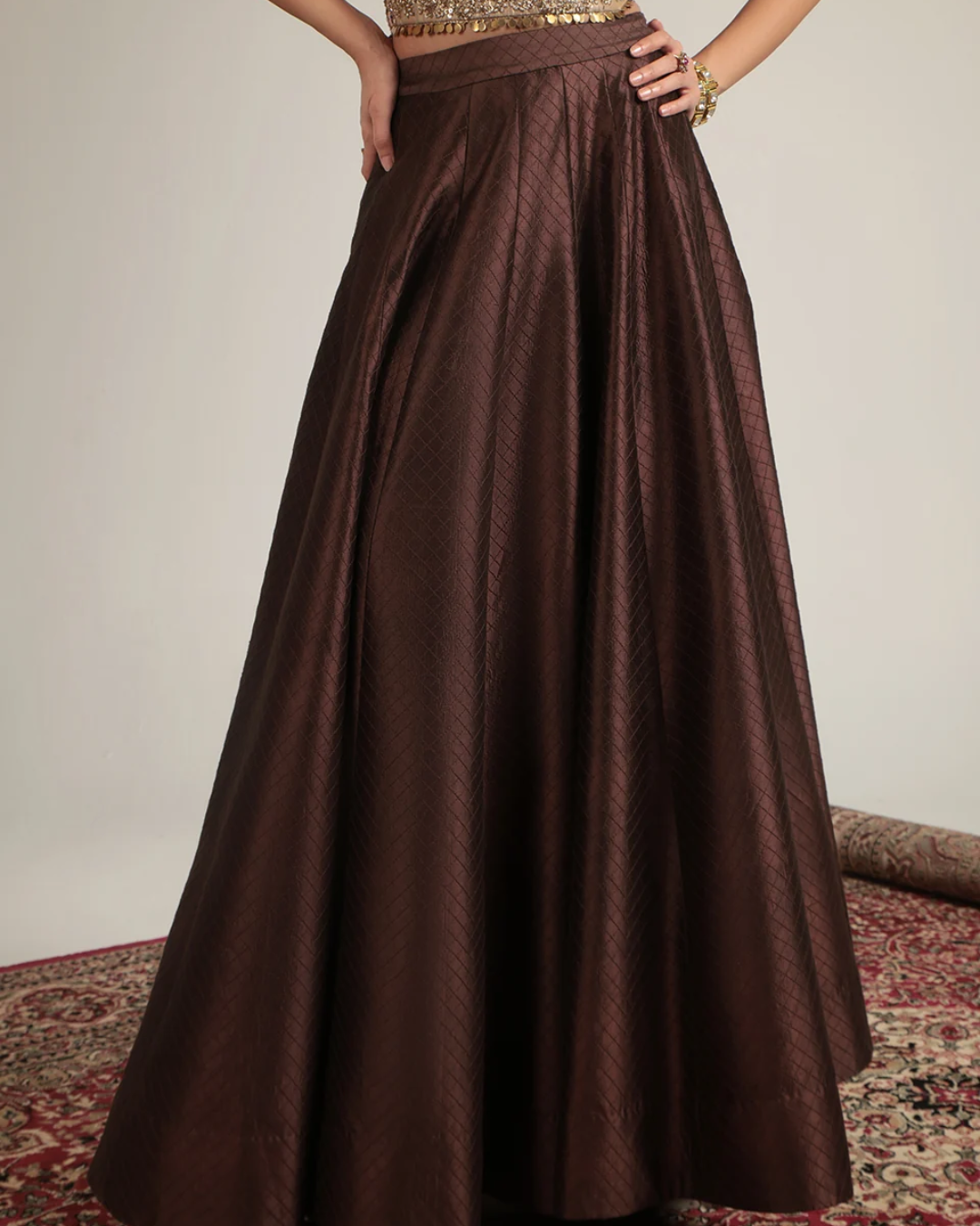 Niti Bothra - Zar-Rang Brown Corset Quilted Lehenga Set