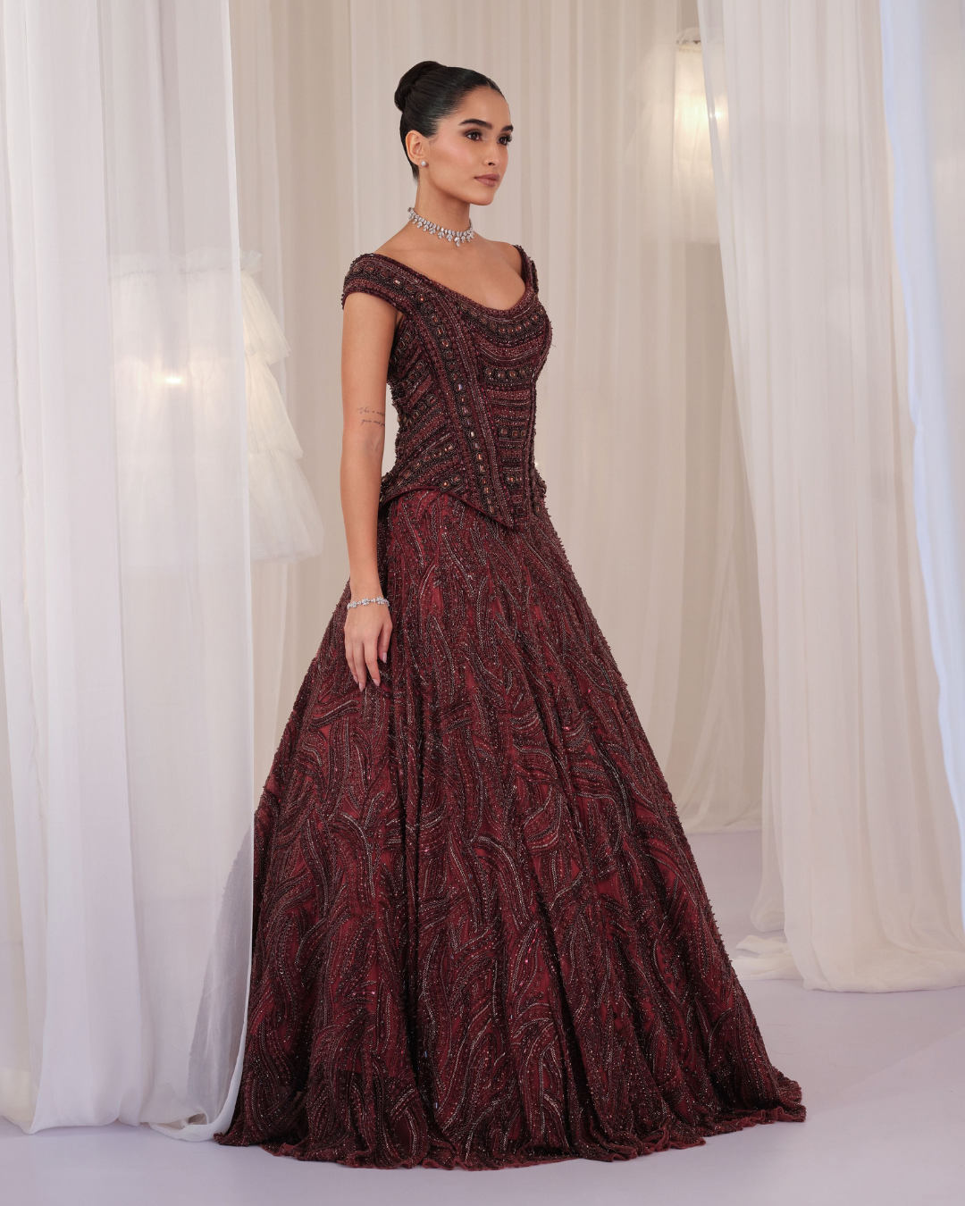 K&A By Karishma And Ashita - Deep Wine Hand Embellished Corset With Lehenga From First Love