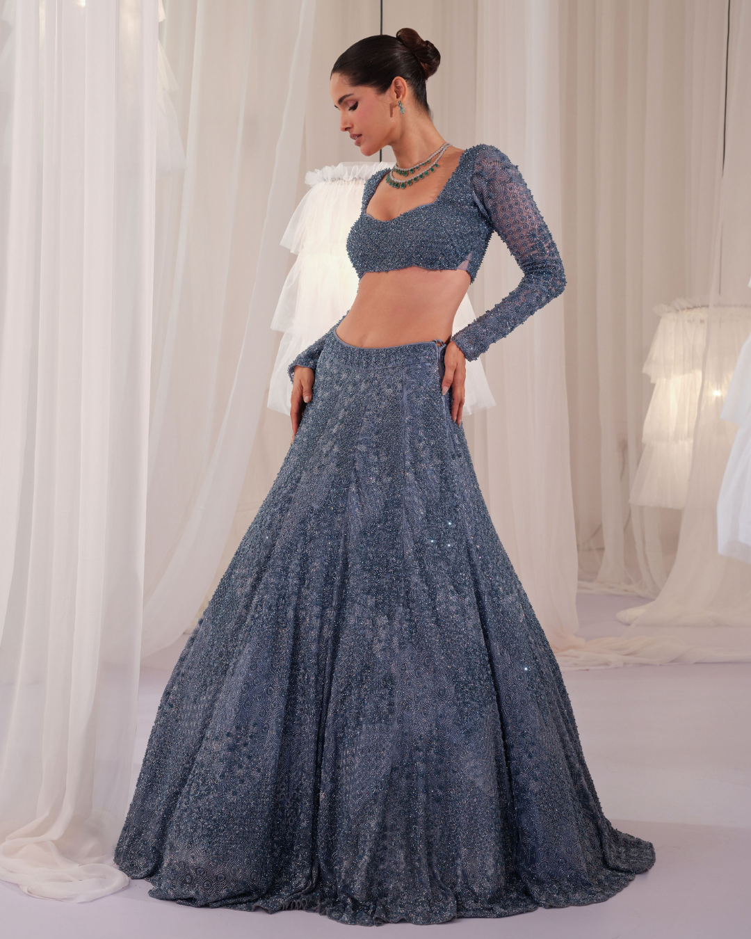 K&A By Karishma And Ashita - Metallic Blue Hand Embellished Blouse With Lehenga & Dupatta From First Love